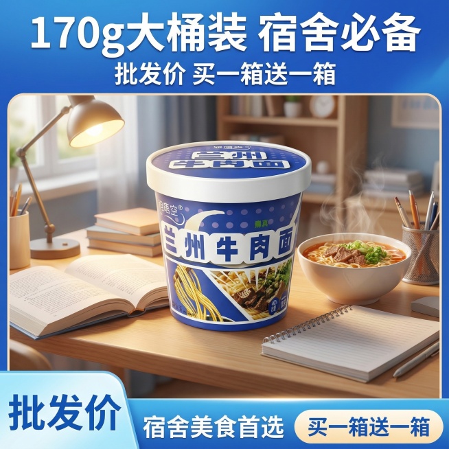 生成10张不同场景的桶装泡面电商主图，比例1:1，170g大桶装 大份量 批发价 买一箱送一箱预览效果