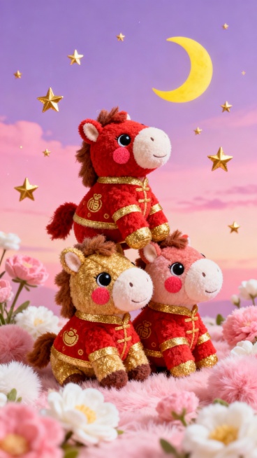 三个穿着红色和金色毛绒服饰的发财小马玩偶，它们堆叠在一起，脸颊带着可爱的红晕，眼睛圆溜溜地望向天空，周围是粉色和白色的毛绒花朵，背景是渐变的粉紫色天空，挂着黄色的弯月和闪烁的金色星星，整体呈现出温暖、可爱、充满童趣的毛绒材质风格，营造出温馨发财的氛围。预览效果