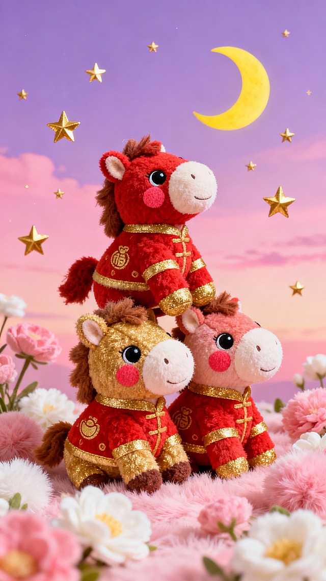 三个穿着红色和金色毛绒服饰的发财小马玩偶，它们堆叠在一起，脸颊带着可爱的红晕，眼睛圆溜溜地望向天空，周围是粉色和白色的毛绒花朵，背景是渐变的粉紫色天空，挂着黄色的弯月和闪烁的金色星星，整体呈现出温暖、可爱、充满童趣的毛绒材质风格，营造出温馨发财的氛围。