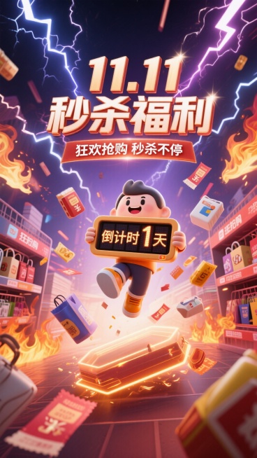 主标题"11.11秒杀福利"，副标题"狂欢抢购 秒杀不停"，字体带有闪电效果。卡通小人拿着倒计时显示屏，显示屏文案“倒计时1天”，从空中落下的商品和优惠券带着光效。背景是充满闪电和火焰的购物平台预览效果