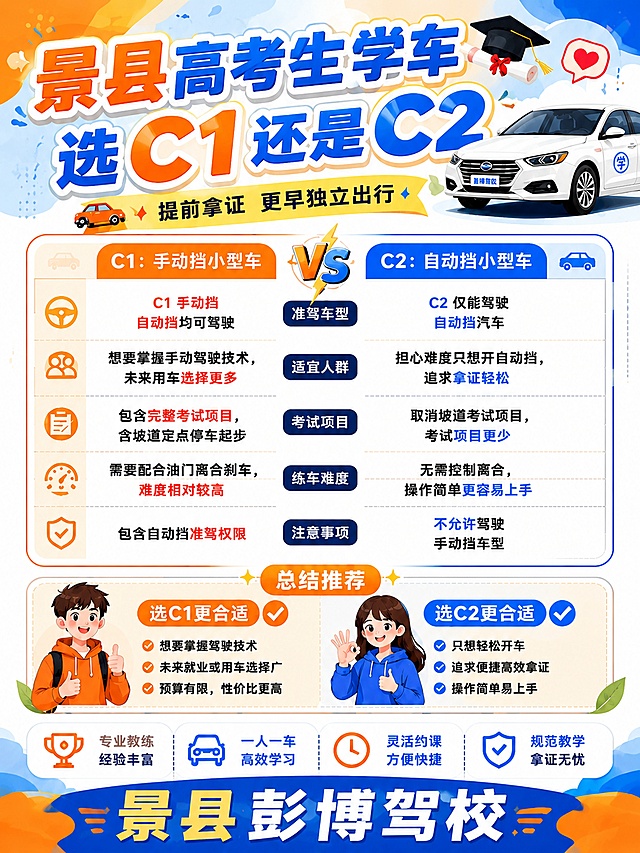 小红书笔记封面，参考上传图片的撞色卡通风格，整体版式和参考图片一致，蓝橙撞色配色，卡通插画风格，顶部主标题加粗立体字，主标题逐字锁定：「景县高考生学车 选C1还是C2」，主标题右侧添加毕业帽和卷轴卡通装饰，右上角添加爱心装饰。主标题下方添加副标题黄色飘带：「提前拿证 更早独立出行」。中间是大VS对比表格，左侧橙色区域为C1手动挡小型车，右侧蓝色区域为C2自动挡小型车，对比项目包含准驾车型、适宜人群、考试项目、练车难度、注意事项，表格内容清晰，左侧橙色字体，右侧蓝色字体，搭配卡通小图标。表格下方是总结推荐分区，左侧橙色男生卡通人物：选C1更合适，列出适合场景；右侧蓝色女生卡通人物：选C2更合适，列出适合场景。图片底部添加驾校优势栏，包含四个优势图标：专业教练经验丰富、一人一车高效学习、灵活约课方便快捷、规范教学拿证无忧。最底部突出显示大字「景县彭博驾校」，左上角保留突出大字「景县」。画面右上角添加白色小汽车卡通插画。整体风格活泼醒目，适合高考生学车攻略，所有文字不得出现错别字，保留所有信息层级，版式精美清晰。