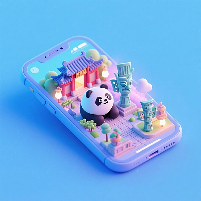 一个手机创意微缩场景，手机平放，侧面对着观众，手机俯视角度，立体的成都景观从屏幕内出来，有熊猫，三星堆，武侯祠，整体色调立体魔幻。青色背景。具有梦幻感,打光营造出柔和氛围强调梦幻和未来感的美学。