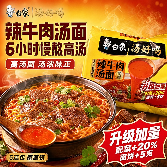 [单张主图] 白象汤好喝辣牛肉汤面 爆款促销食欲感主图 1:1 电商主图，目标是突出汤面的食欲感、高汤卖点和加量升级利益点，刺激购买。
[画面主体] 画面中右部放置白象汤好喝辣牛肉汤面五连包包装袋，保持与输入产品图完全一致的外观：明黄色主包装、白象品牌Logo和厨师小象、汤好喝大字、辣牛肉汤面标题、6小时慢熬高汤竖排文字、升级加量红色标签等全部保留，包装形态完整不裁切。包装袋占画面约50%，略微倾斜摆放，有立体感。
[构图版式] 采用「包装货架权益型」版式，产品主体偏右，左侧和上方放主标题与核心卖点，底部放一碗真实煮好的辣牛肉汤面做食欲承接，右下角突出加量升级利益点。
[场景元素] 背景用暖黄色到橙红色的渐变，营造温暖浓郁的汤面氛围。包装袋前方偏左下位置放一碗刚煮好的辣牛肉汤面：红亮的辣牛肉汤、劲道的面条、大块的牛肉片、撒上的香菜和葱花，汤面冒着热气，汤汁有油亮光泽，碗边放一把木勺，勺里盛着一勺红汤，极具食欲感。碗的周围散落少量牛肉块、香菜叶和干辣椒作为点缀。背景有淡淡的蒸汽升腾效果和暖光光斑，增加氛围感。
[文案版式] 左上角品牌位：白象 汤好喝。左上方主标题分两行，第一行「辣牛肉汤面」，第二行「6小时慢熬高汤」，主标题用粗黑体，深红色或深棕色，字号最大，有力量感。主标题下方放一个圆角矩形标签：「高汤面 汤浓味正」。右下角放一个醒目的红色爆炸形或盾形标签，上面写两行大字：「升级加量」「配菜+20% 面饼+5克」，文字用白色粗体，非常醒目。底部偏左位置放小字：「5连包 家庭装」。所有文字清晰可读，不遮挡产品包装的品牌和品名区域。
[光影质感] 美食摄影质感，自然暖光逆光，汤面有通透的油亮光泽，热气真实自然，面条根根分明有筋道感，牛肉片纹理清晰。包装袋光影自然，塑料包装有真实反光，底部有柔和阴影，整体温暖有食欲。
[配色字体] 主背景暖黄到橙红渐变，辅助色正红、深棕、米白。标题字体用粗黑体，厚重有力，加量标签用白色粗体配红色底，视觉冲击力强。辅助文字用清爽黑体，字号层级分明。
[比例分辨率] 1:1比例，2K高清，文字清晰锐利，食物细节真实诱人。
[负向提示词] 禁止出现正品保证、破碎包赔、包邮、售后等服务承诺字样；禁止变形、错字、糊字、水印、平台Logo、二维码；禁止产品悬浮、穿模；禁止食物看起来不新鲜、无食欲；禁止背景杂乱；禁止出现医疗功效表述。