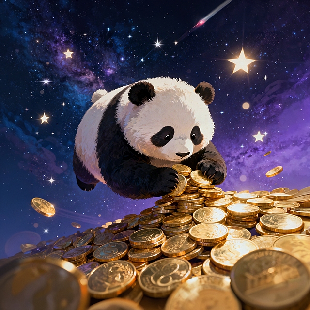 梦幻感与可爱感交融的插画风，拟人化熊猫在星空下拥抱金币堆，3D质感与粒子光效营造超现实氛围，象征财富与幸运。