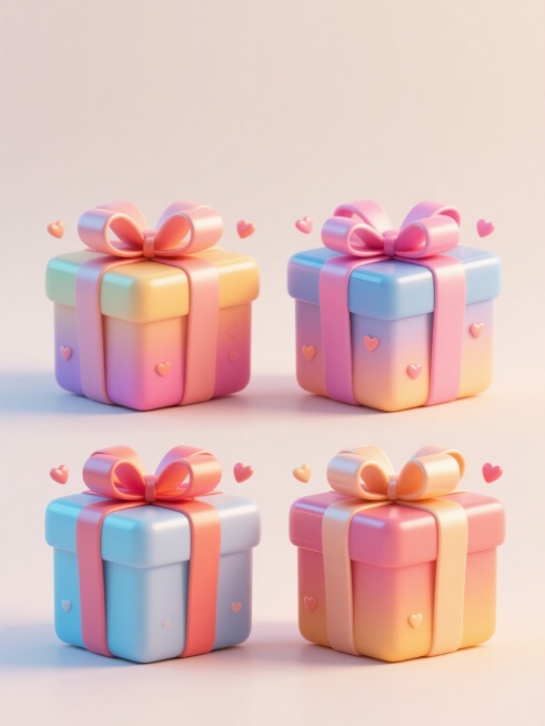 3D渲染风格的四个礼物盒，上下两行整齐排列，每个礼物盒具有独特的配色方案、样式设计和材质质感。礼物盒采用圆角立方体造型，搭配大而饱满的蝴蝶结，表面有细腻的渐变色彩和光泽感，周围点缀着小爱心装饰。整体画面采用浅色背景，营造出欢快、喜庆的双十一促销氛围，光影柔和，高光和阴影过渡自然，具有鲜明的数字艺术质感和立体感。预览效果