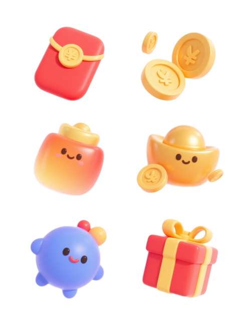 6个不同配色、不同样式的促销主题元素，每个元素均采用圆润可爱的3D立体风格，具有光滑的渐变表面和柔和的高光，包含红包、金币、元宝、礼盒等元素，元素之间有细微的动态感如金币的悬浮效果，所有元素在纯白色背预览效果