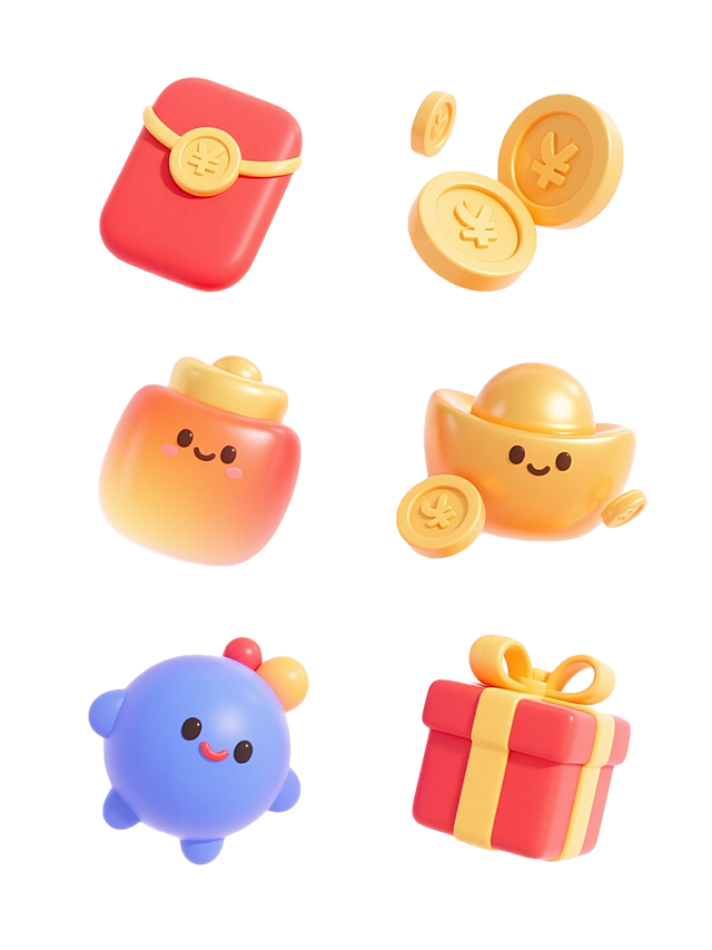 3D卡通风格，拟人化红包、金币和礼物，可爱喜庆，节日氛围浓厚。