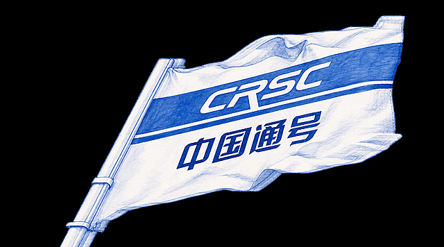 将第一张图中的CRSC中国通号旗帜，改成第二张图的青花瓷蓝色线稿手绘风格，保留旗帜飘动的形态和文字内容