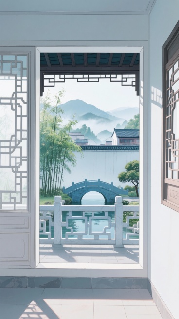 二次元写实古风，江南，房内看向院子，门框，围墙，桥上，小河，竹荫，雾气，云，群山，小镇，青色，浅白色，氛围感暧昧、唯美，空间感，细节丰富，全景构图，9:16,不要人物，生成2张预览效果