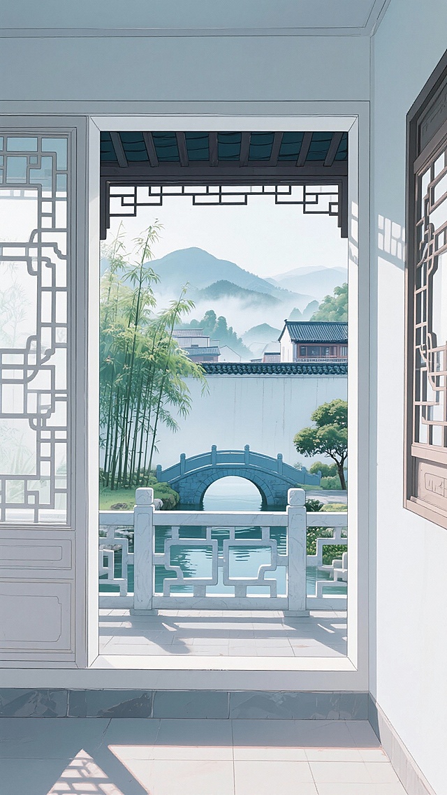 二次元写实古风，江南，房内看向院子，门框，围墙，桥上，小河，竹荫，雾气，云，群山，小镇，青色，浅白色，氛围感暧昧、唯美，空间感，细节丰富，全景构图，9:16,不要人物，生成2张