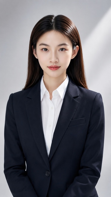 保持人物面部不变，将服装更换为正式职场西装，生成职场风格的半身职业照，简约干净背景预览效果