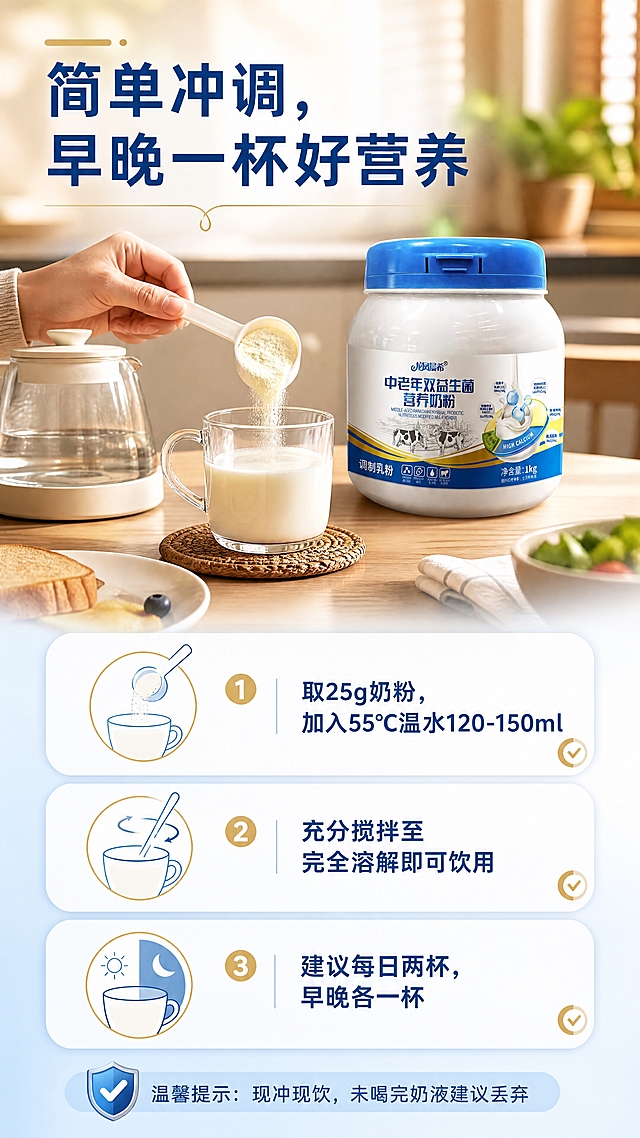 [商品] 使用【图1】龙凤晨希中老年双益生菌营养奶粉1kg大罐装；保留罐体结构、颜色、Logo、标签文字与图案，不做改写；罐体置于画面左上或右上桌面，占画面约30%，作为场景中的产品露出。
[画面] 饮用场景 & 冲调方法页，目标是展示温馨居家冲奶场景与步骤。主场景为中老年居家餐桌/厨房台面，温暖晨光中，一只手正用勺子舀取奶粉冲入温水杯中，旁边放着产品罐、玻璃杯、温水壶等道具；画面下半部分或侧部用3步圆角卡片示意图展示冲调步骤；整体氛围温馨日常，有生活烟火气；前中后景：前景冲奶动作、中景餐桌产品、后景虚化厨房/窗帘。
[视觉] 套系策略：风格=温馨健康商业摄影+奶品流体质感；标题字=现代无衬线粗体，稳重亲和；正文字=简洁无衬线体，清晰易读；主色=深蓝+奶白+浅金；背景延展=基于深蓝与奶白做深浅渐变、同色系柔和光斑与细腻纸张/乳液质感；强调色=浅金色，仅用于小面积点缀、分割线、标签描边；标题色=深蓝色；正文色=深灰蓝；组件=圆角浅底信息卡、细线引线、胶囊标签；光影=左前侧暖调自然光，柔和舒适。
[文字] 上方主标题：简单冲调，早晚一杯好营养；下方冲调步骤三条：✅取25g奶粉，加入55℃温水120-150ml / ✅充分搅拌至完全溶解即可饮用 / ✅建议每日两杯，早晚各一杯；底部温馨提示：现冲现饮，未喝完奶液建议丢弃；文字横向排版于步骤卡片中，清晰可读。
[规格] 图片比例9:16竖版，4K分辨率，负向提示：避免手部畸形、场景脏乱、文字竖排、罐体变形、医疗承诺。
