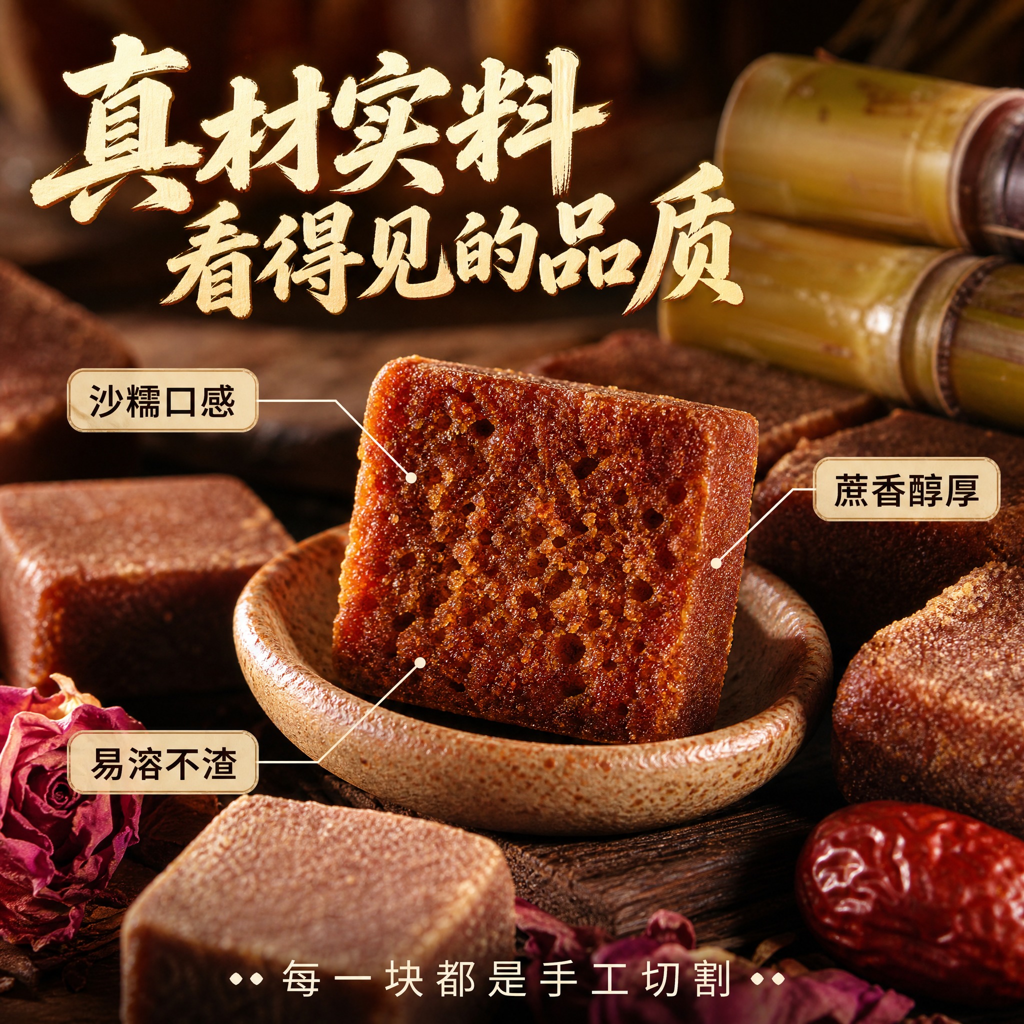 [主图-3] 古法手工红糖细节与成分微距展示，突出品质质感。… - 图片创意预览