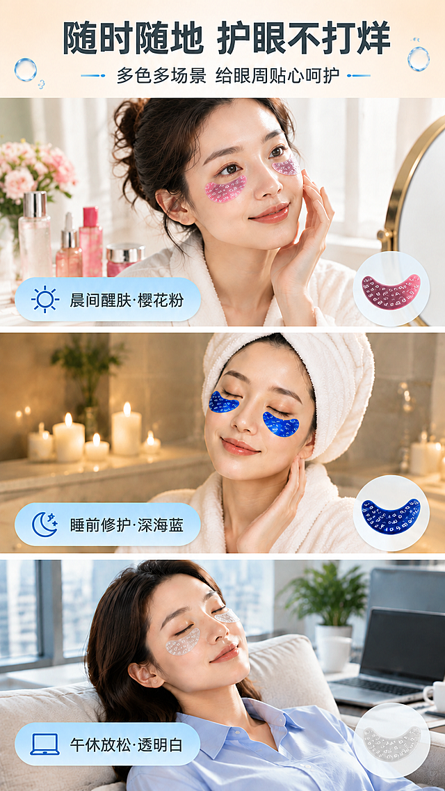 [商品] 使用【图3】硅胶吸盘眼贴；保留月牙形轮廓、硅胶材质、正面吸盘颗粒、背面BURAI® Logo文字和图案不做任何改变；产品使用方向修正为：弯弧朝上（凹面朝上），与眼下轮廓贴合方向一致；贴在模特脸上时，背面BURAI® Logo面朝上可见，吸盘面朝下贴合皮肤。展示三色：樱花粉、深海蓝、透明白。
[画面] 目标：多场景种草页，随时随地护眼不打烊，背面Logo面朝上。构图：竖版三栏拼图，三格纵向排列展示三个场景：第1格晨间醒肤（女性在梳妆台镜前佩戴粉色眼贴，弯弧朝上，背面Logo可见，背景有护肤品瓶罐），第2格睡前修护（裹浴袍毛巾女性在浴室佩戴蓝色眼贴，弯弧朝上，背面Logo可见，暖光蜡烛氛围），第3格午休放松（职场女性在办公室沙发午休佩戴透明色眼贴，弯弧朝上，背面Logo可见，旁有笔记本电脑）；每格底部配圆角标签+右侧圆形产品色卡；顶部标题区。
[视觉] 套系策略：风格=清新水润美妆个护商业摄影；标题字=现代粗黑体；正文字=简洁无衬线体；主色=深海蓝；背景延展=暖米色渐变顶部标题区；强调色=浅蓝色圆角标签；标题色=深炭灰；正文色=深灰；组件=浅蓝色圆角标签、圆形产品色卡、细分割线；光影=每格各自场景自然光，整体色调温暖统一，眼贴背面Logo清晰可见。
[文字] 顶部主标题"随时随地 护眼不打烊"，副标题"多色多场景 给眼周贴心呵护"；三格底部标签分别为"晨间醒肤·樱花粉""睡前修护·深海蓝""午休放松·透明白"；每格右侧圆形色卡展示对应颜色眼贴背面；文字均为横向排版。
[规格] 图片比例9:16竖版，4K，负向提示：避免变形、错字、文字过小、产品颜色改变、Logo模糊、吸盘结构失真、医疗功效表述、极限词。