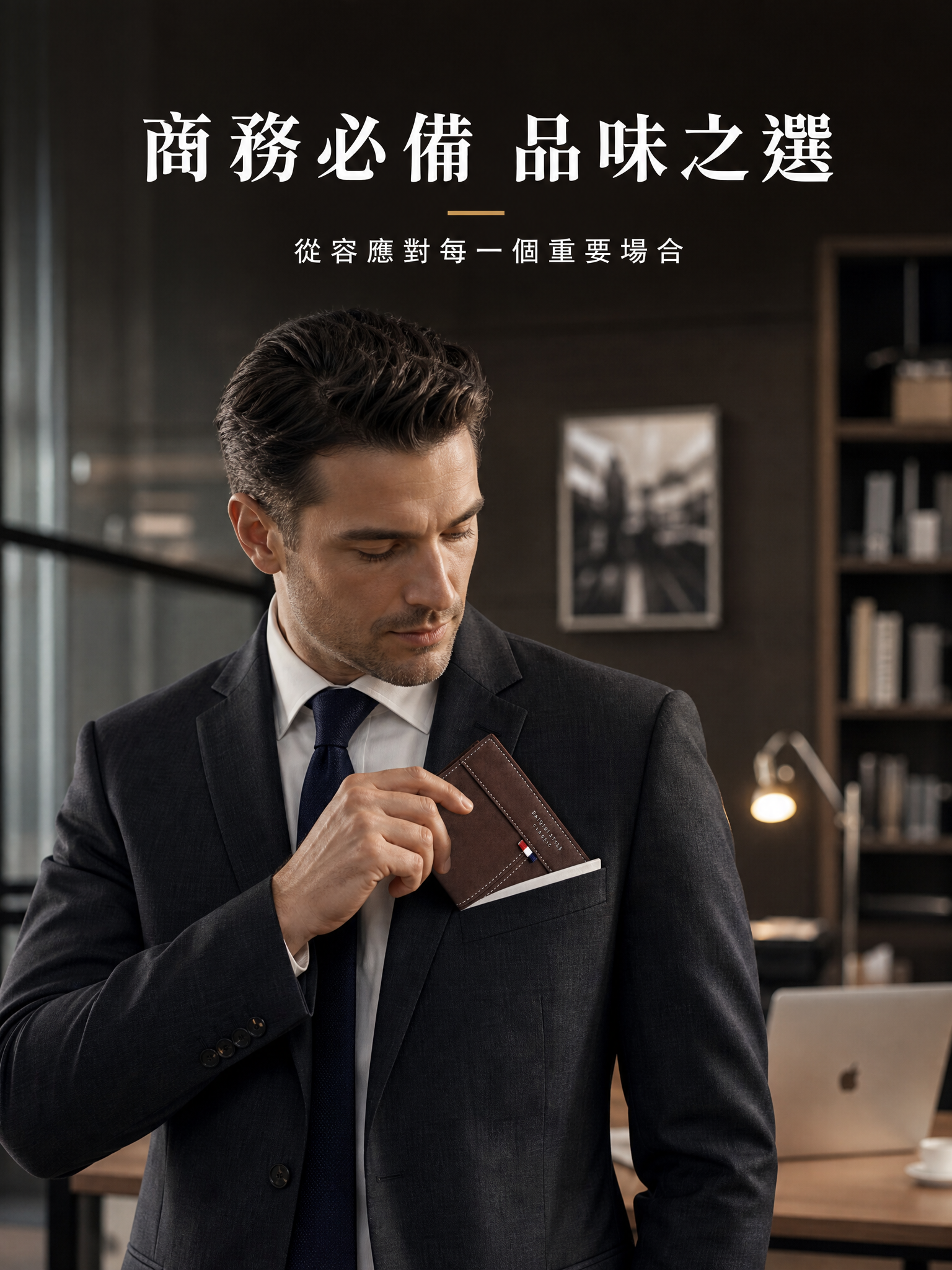 電商詳情頁，場景展示，商務男士手持真皮長夾的生活場景，西裝口袋… - 图片创意预览
