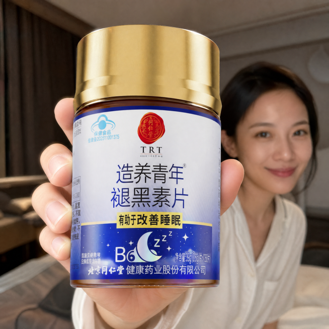 基于这张褪黑素产品图生成真实生活化场景图，调整产品占比，让这瓶褪黑素产品占画面比例达到60%以上，保留产品包装完整不变形，包装原有样式和文字保持清晰可辨，清晰真实不偏色，不留白边，场景中保留人物，高清预览效果