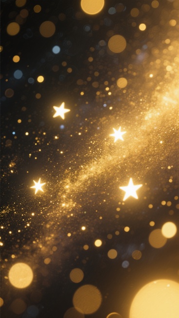 深邃宇宙背景，散布着大小不一、边缘柔和的光斑，中心区域有几颗明亮的星星闪烁着耀眼光芒，细小的金色光点如尘埃般漂浮，整体呈现出梦幻、神秘的氛围，光影层次丰富，光斑具有明显的光晕效果，色彩从深金色到浅黄色渐变过渡，营造出宁静而璀璨的星空景象。预览效果