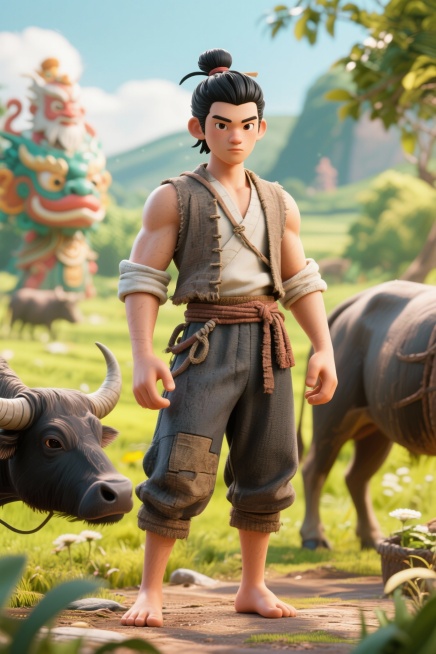 20多岁青年，身材精壮，肤色健康，面容朴实俊朗，眼神清澈坚毅。黑色短发，束发。身着粗布短衫和长裤，挽着袖子，赤足或穿草鞋年轻的中国牧牛人，体格健壮，面容淳朴诚实，眼神明亮而坚定，黑色短发，粗布衣服，赤预览效果