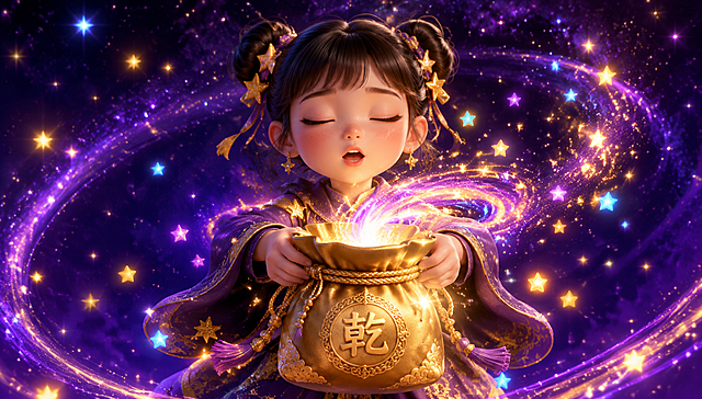 卡通小女孩双手轻轻晃动金色乾坤袋，袋子周围环绕着旋转的魔法星光和彩色粒子，魔法能量从袋子里散发出来，形成漩涡状的光芒，小女孩闭上眼睛念咒语的样子，背景是深紫色星空，有很多闪烁的小星星，3D卡通风格，充满魔法神秘感