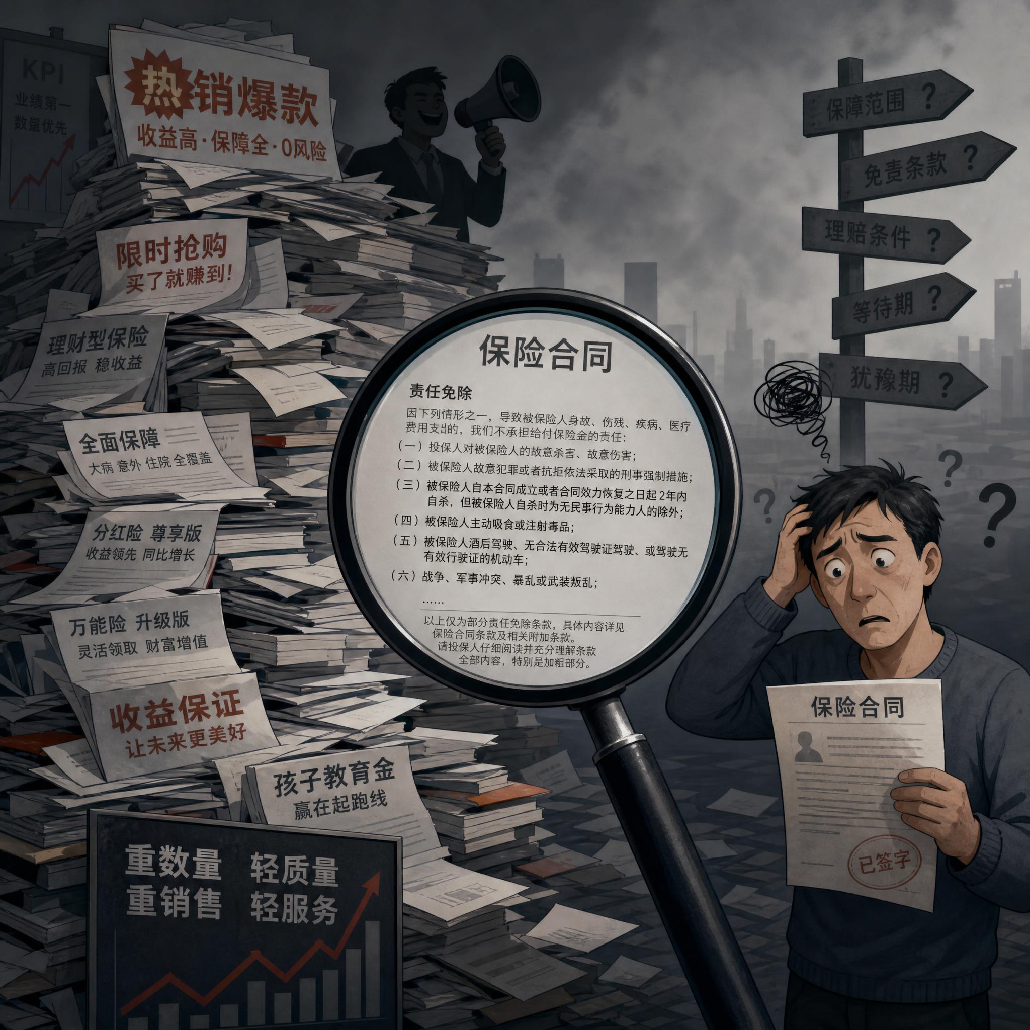 保险行业粗放经营概念插画，画面左侧是堆积如山的保险合同和产品宣… - 图片创意预览