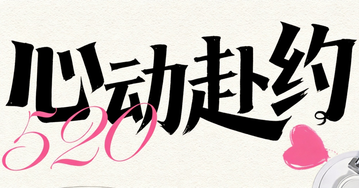 参考原图字体风格，将文字替换为“心动赴约”，保留黑色粗毛笔书法笔触，保留左侧粉色草书520和右下角粉色爱心装饰，保留米白色纸张纹理背景，字体保持原有的粗细对比和倾斜风格，整体排版和结构和原图一致，文字预览效果