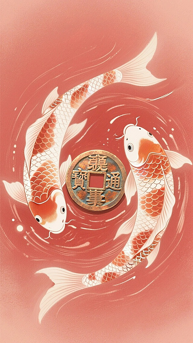 两条锦鲤围着铜钱，红色背景，梦幻氛围，简单干净，低饱和度