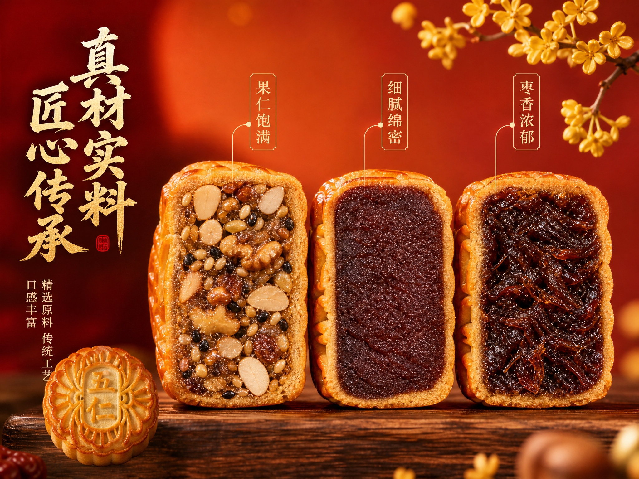 [主图-3] 月饼馅料细节特写，凸显真材实料与丰富口感。 [统… - 图片创意预览