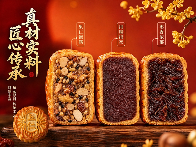 [主图-3] 月饼馅料细节特写，凸显真材实料与丰富口感。
[统一基调] 高端国潮喜庆风格，红色与橙色渐变主色调，金色点缀，暖调光影，商业美食摄影质感，字体采用厚重书法体搭配细宋体辅助，字色为米白与金色。
[画面] 画面中央放大展示3块切开的月饼横切面特写，从左到右分别为五仁月饼（可见丰富果仁颗粒：花生、芝麻、核桃、杏仁等，馅料紧实饱满）、红豆沙月饼（豆沙细腻油润，色泽红亮，质地绵密）、枣泥月饼（枣泥深褐浓稠，能看到枣肉纤维，光泽诱人）。三块月饼切面朝向观众，馅料占据画面主要视觉。背景为暖橙色到深红色的渐变虚化背景，右上角点缀一小枝金色桂花装饰。左下角有一个小的完整五仁月饼作为参照。
[光影质感] 微距摄影质感，暖侧光突出馅料的纹理层次与油润光泽，五仁的果仁颗粒清晰立体，豆沙的细腻绵密质感真实，整体画面通透诱人，有强烈的食欲感。
[配色] 主色暖橙红渐变背景，馅料本身的棕红、深褐、金黄等自然色泽，金色点缀装饰。
[文字版式] 画面左侧竖排主标题"真材实料 匠心传承"，厚重书法体，金色描边；下方小字"精选原料 传统工艺 口感丰富"，细宋体，米白色。每块月饼切面旁用细引线标注馅料特点：五仁标注"果仁饱满"，豆沙标注"细腻绵密"，枣泥标注"枣香浓郁"。
[输出要求] 4:3比例，2K分辨率，馅料细节清晰锐利，纹理真实，食欲感强。禁止变形、错字、模糊、水印、平台Logo。