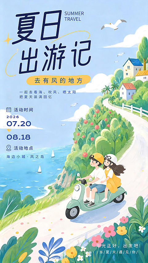 夏日出游清新插画风