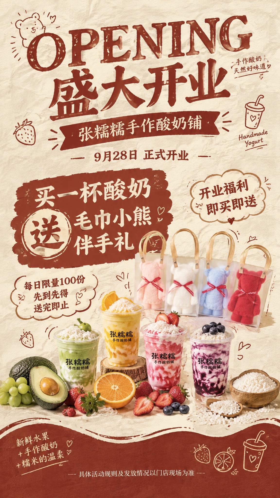 参考图6的复古报纸风排版风格，为张糯糯手作酸奶铺制作一张开业福… - 图片创意预览