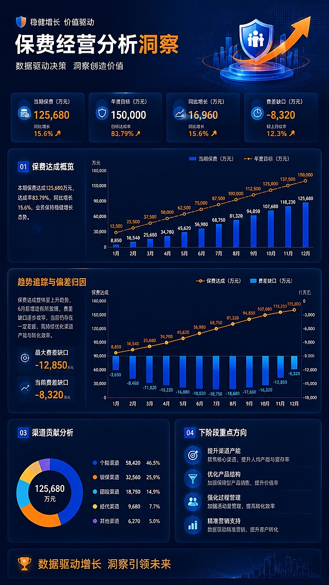 金融保险行业商务数据可视化信息长图，深蓝色背景搭配橙色点缀，第二模块标题「趋势追踪与偏差归因」橙色字左对齐，模块主体用折线图和柱状图组合展示保费达成和费差缺口趋势，左侧Y轴和底部X轴清晰标注，折线图用橙色线条表示保费达成趋势，柱状图用深浅蓝色柱体表示费差缺口，图表中有数据点和数值标签，右上角有图例说明，整体风格专业商务，图表清晰，文字可识别，深蓝色渐变背景带细微网格纹理
