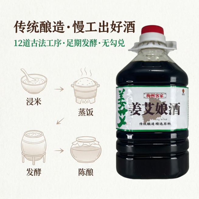 1:1正方形电商主图，中式复古工艺风，排版精致，突出手工酿造卖点。严格还原大容量桶装姜艾娘酒产品图，保留包装设计、颜色、LOGO位置、文字内容、图案元素等所有细节，采用正拍角度，瓶身置于画面右侧，左侧预览效果