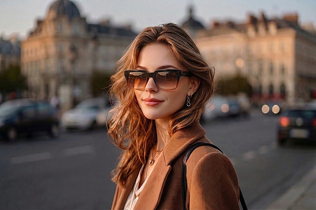 完全保留当前户外城市街景场景、模特的发型、服装、配饰不变，仅将黑橙渐变方框太阳镜的整体尺寸再缩小一圈，保持原有形状不变，调整后和脸部比例自然协调，光影衔接真实自然