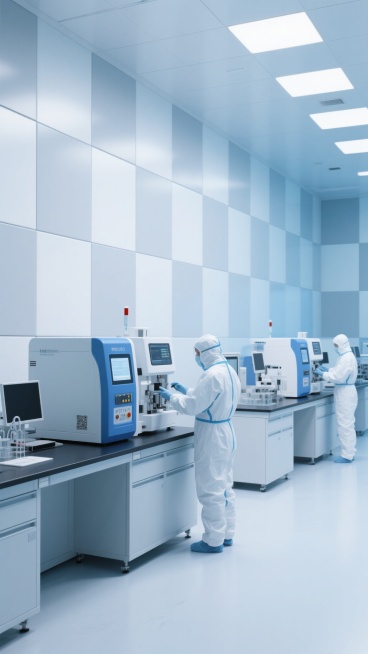 超写实风格的现代实验室场景，以蓝色和白色为主色调，光线明亮柔和，采用高清晰度的摄影质感，画面干净规整，适合做背景。实验室内部有身着白色防护服的研究人员正在操作先进的精密仪器，仪器外观呈白色和蓝色，带有显示屏和控制面板。背景是由白色方块和灰色方块组成的墙面，地面为浅色，整体环境整洁有序，设备排列整齐，空间感开阔，营造出专业、严谨、科技感十足的氛围，无任何文字、LOGO、二维码及冗余信息，视觉焦点……预览效果