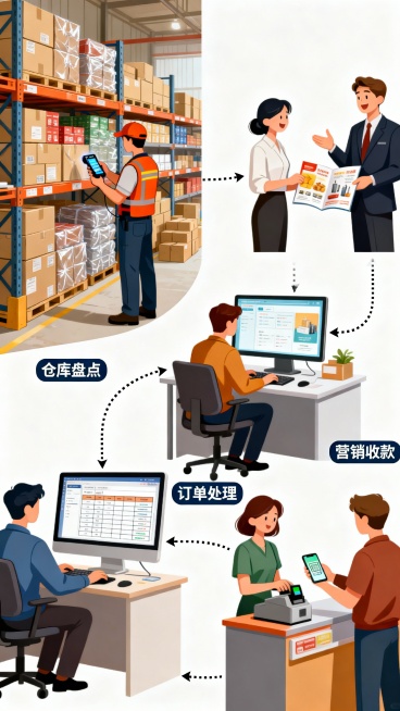 帮我生成从订货到收款，从仓库到营销的场景的图片预览效果