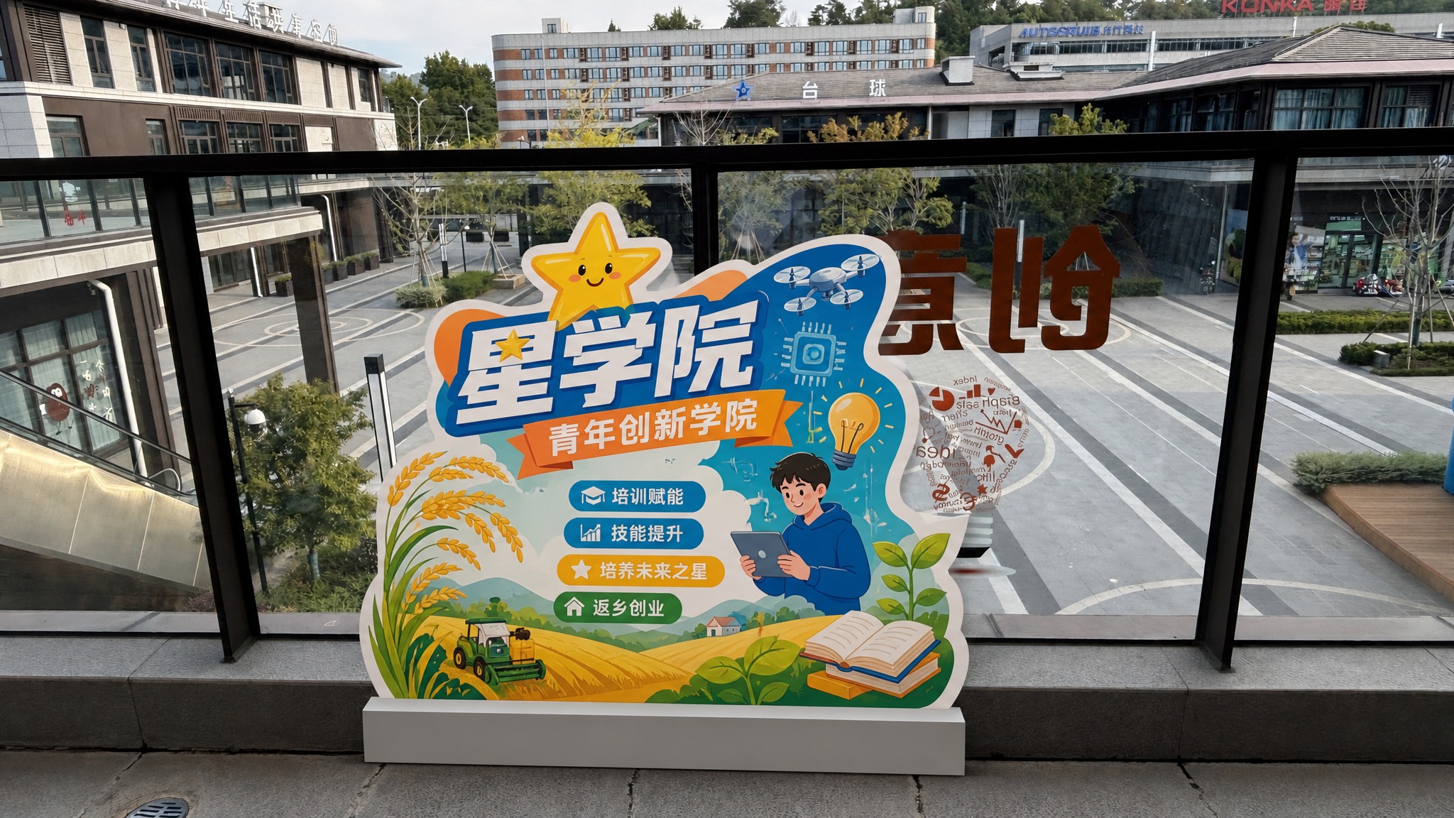 在这张实景图的下方、玻璃栏杆前面的地面上，放置一个立式异形指示… - 图片创意预览