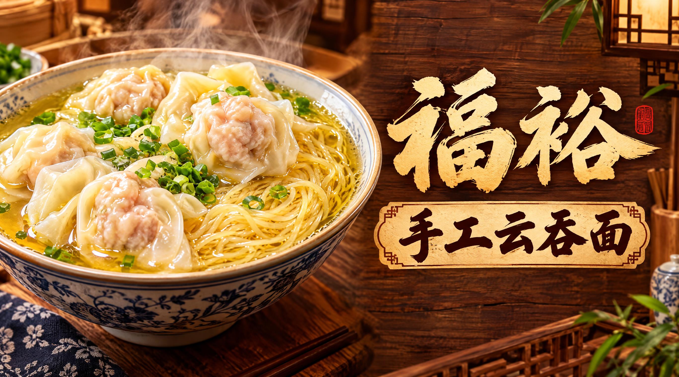 福裕手工云吞面店铺店招横幅，左侧是一碗诱人的手工云吞面特写写真… - 图片创意预览