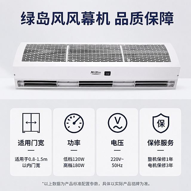 [主图-5]绿岛风风幕机规格品质收口
[氛围风格]简洁规整，信息完整
[画质]商业摄影质感，信息清晰，产品真实
[元素]上方展示产品正面全貌，保持外观结构颜色与原图一致，下方宫格展示产品核心规格与售后信息，包含：适用门宽、功率、电压、保修服务四个模块，每个模块配小图标，信息清晰，产品占比约60%，不遮挡信息
[光影]均匀布光，产品和信息区域光影一致，清晰可读
[配色]浅灰色干净背景，白色产品，深蓝色信息文字，对比清晰
[视角构图]上产品下信息的居中构图，分区明确
[文字版式]顶部主标题"绿岛风风幕机 品质保障"大字深蓝色，下方宫格每个模块标题加粗，规格信息小字标注，文字整齐排列，不遮挡产品
[比例分辨率] 1:1 比例，2k分辨率，文字清晰可辨，超高清
[负向提示词]信息错乱，产品变形，背景杂乱，水印，电商平台Logo