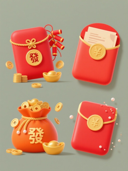 一套4个规整排布的电商营销素材，简约现代风格，纯色背景，无任何文字、logo和水印。第1个：红色红包主体，金色绳带装饰，正面圆形金色“發”字标识，旁边红色鞭炮，周围散落金色铜钱，充满新春喜庆且招财的氛围。第2个：红色立体红包，正面圆形金色“發”字，红包口露出米色票据，搭配金色元宝和铜钱，传递富足福利感。第3个：红色红包，正面圆形金色“發”字，旁边装满金元宝的橙色钱袋，金色铜钱点缀，洋溢新春招财……预览效果