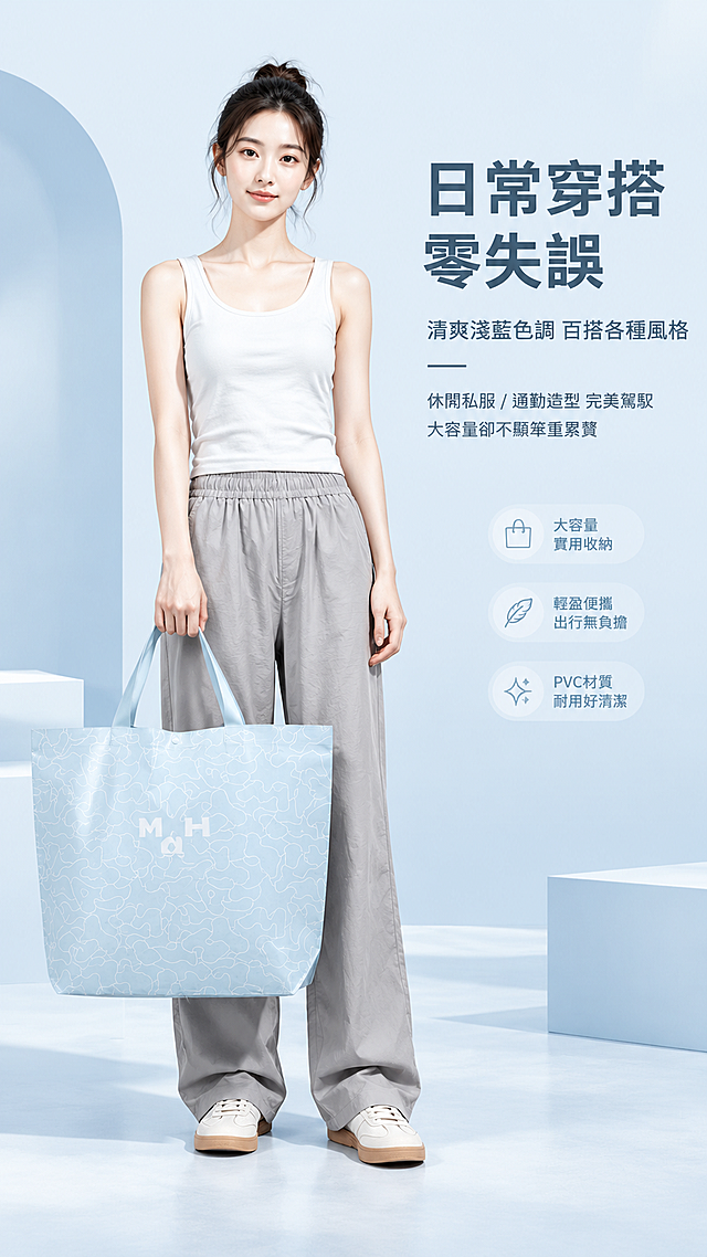[商品] 使用【图3】模特手拎MAH空氣藍托特袋正面款上身图；商品处理：保留空氣藍袋身、白色流線紋理、正面MAH字樣、淺藍提把、PVC材質；保留模特白色背心、灰色寬褲、白色休閒鞋造型；自然修復袋身皺褶，增強面料光澤與人物膚質質感，不改變穿搭與包型。
[画面] 目标：上身穿搭效果展示（正面），突出日常百搭；构图：竖版全身构图，模特位于画面中央偏左，占画面70%，右侧留白放文字；模特自然站立手拎托特袋，展示包袋与身形比例；背景为柔和空氣藍漸層+淺色幾何場景元素。
[视觉] 套系策略：风格=清新簡約高級商業攝影風；标题字=現代無襯線粗體，字重Bold；正文字=簡潔無襯線體，字重Regular；主色=空氣淺藍；背景延展=基於空氣藍做深淺層級、同色漸變和細膩紙質/霧面質感；強調色=白色+淺灰藍，僅用於小面積圖標、引線和標籤；標題色=深灰藍；正文色=中灰藍；組件=圓角淺底信息卡、細線引線、柔和投影；光影=左前側自然光，人物與包袋光影一致，陰影柔和。
[文字] 右侧留白区：主標題「日常穿搭零失誤」，副標題「清爽淺藍色調 百搭各種風格」，下方小字「休閒私服 / 通勤造型 完美駕馭」「大容量卻不顯笨重累贅」；文字不遮挡模特与包袋主体。
[规格] 图片比例9:16竖版，4K分辨率，quality=medium；避免模特变形、包型失真、颜色偏差、文字遮挡关键部位。