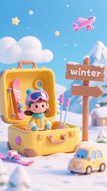 一个打开的黄色行李箱成为视觉中心，箱内是一个戴着滑雪镜的小女孩，旁边有滑雪的道具，右侧立着写有 “winter”的木质指示牌，下方是一辆卡通小车，背景是蓝天白云，点缀着星星和粉色小飞机，远处可见雪山与预览效果