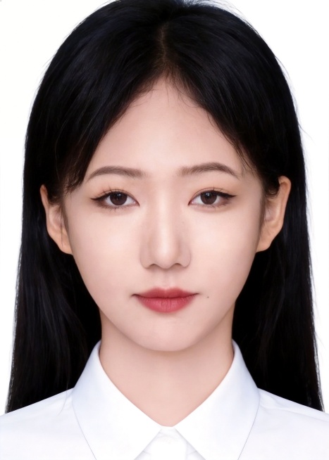 保留第一张图中人物发型､脸型､年龄特征生成标准样式纯正面证件照;人物主体严格居中,头部大小与位置严格对齐第二张图,双肩水平平衡,面部中轴线对齐画面中心,正视前方;标准证件照构图,人物绝对居中;头顶上方预览效果