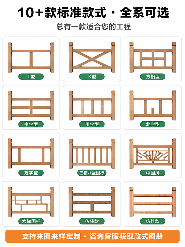 [第2屏] 详情页第二屏，水泥仿木护栏款式大全展示。
[氛围/风格] 干净清爽，信息清晰，电商产品陈列风格。
[元素布局] 白色背景，顶部黑色粗字"10+款标准款式 · 全系可选"，下方灰色小字"总有一款适合您的工程"；主体区域为3×4网格十二宫格，每格均等大小带圆角边框；每格上方放置对应款式产品展示，下方绿色圆角标签标注款式名，从上到下从左到右依次为：T型、X型、方格型、中字型、川字型、北字型、万字型、三横八竖国标、中国风、六梯国标、仿藤款、仿竹款；底部橙色横条，放置白字"支持来图来样定制 · 咨询客服获取款式图册"。每格产品的外观结构与对应实拍图保持一致。
[光影质感] 均匀柔和布光，每个产品款式清晰可见，文字清晰不拥挤。
[配色色系] 全局底色纯白色，顶部黑色标题，灰色说明文字，绿色款式标签，橙色底部信息条，配色干净清爽。
[视角构图] 顶视平铺陈列，每个款式均等展示，阅读从上到下，信息层级清晰。
[文字版式] 标题字体加粗，说明文字大小适中，每个款式标签文字清晰，手机端可读，不遮挡产品主体。
[比例分辨率] 宽度750px，高度约1000px，比例约3:4，分辨率4K，文字清晰可辨。
[负向提示词] 款式错位，边框变形，文字重叠，颜色偏差，水印，产品模糊，文字错乱。