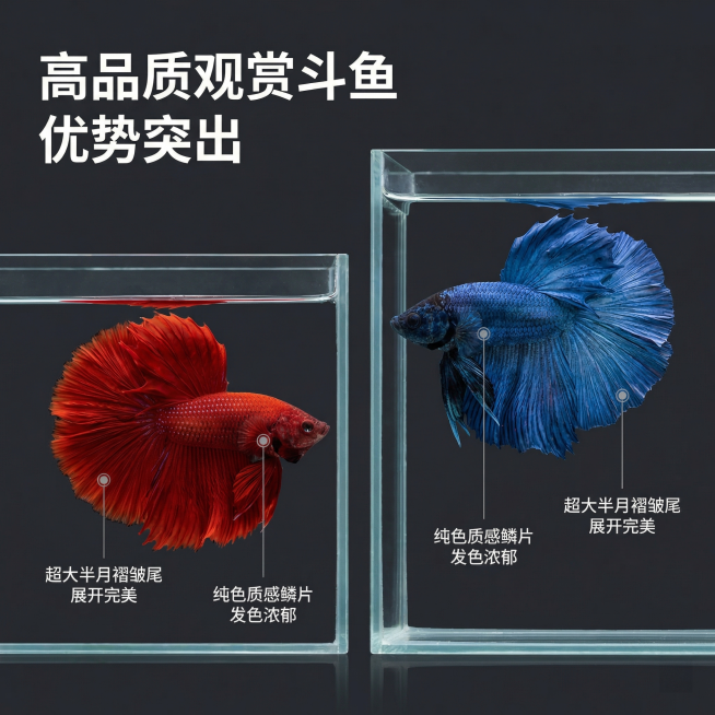 [主图 2] 泰国斗鱼核心亮点展示图
[氛围/风格] 专业水族细节展示，干净通透，质感细腻
[画面元素] 保留原产品真实外观，将大红袍斗鱼放在画面左侧，大蓝袍放在右侧，使用引线标注方式，分别对“超大半预览效果