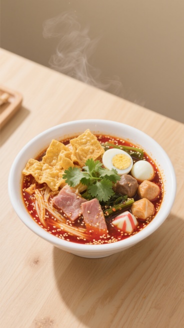 一碗热气腾腾的麻辣烫，汤色红亮诱人，里面有丰富的食材：金黄的炸腐竹、雪白的鹌鹑蛋、粉嫩的肉片、翠绿的香菜、各类丸子和蔬菜，汤汁表面漂浮着细密的白芝麻和红油，碗的边缘干净整洁。整体画面采用干净明亮的写实风格，木质桌面上摆放着这碗麻辣烫，背景简洁无多余杂物，光线柔和自然，突出食物的新鲜感和诱人色泽，适合作为背景素材使用，没有任何文字、LOGO、二维码等元素。预览效果