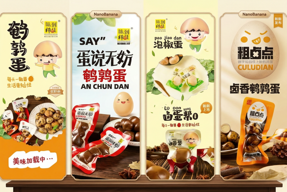 将这四张鹌鹑蛋电商海报拼接为一套完整的统一风格的电商套图，整体排版协调，衔接自然，保留全部产品信息和品牌元素预览效果