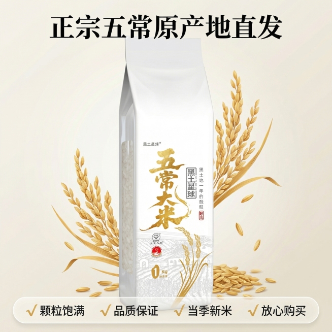 [主图 5]
[主图主题] 品质承诺与服务保障
[氛围/风格] 简约大方，清晰可信
[画面元素] 袋装大米居中展示，周围散落几支金色水稻装饰，背景为浅纯色渐变，整体干净通透，突出产品主体
[配色色系]预览效果