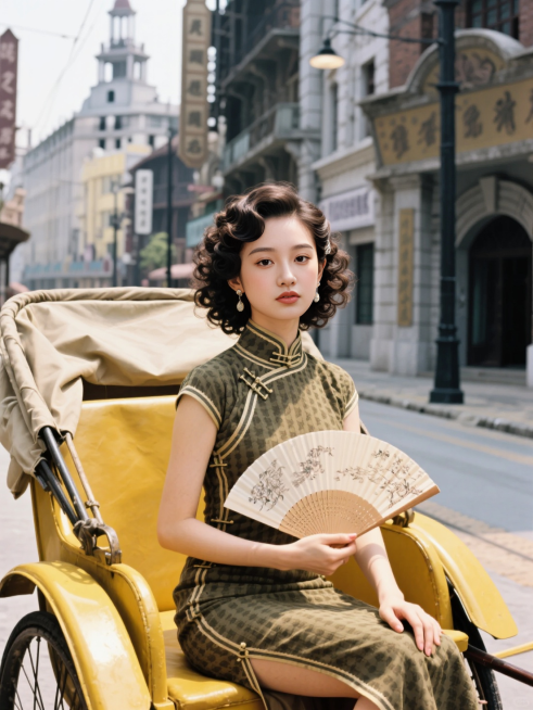 民国时期的女子，烫着卷发，身穿旗袍，手拿纸扇，在上海滩的街道上的黄包车上预览效果
