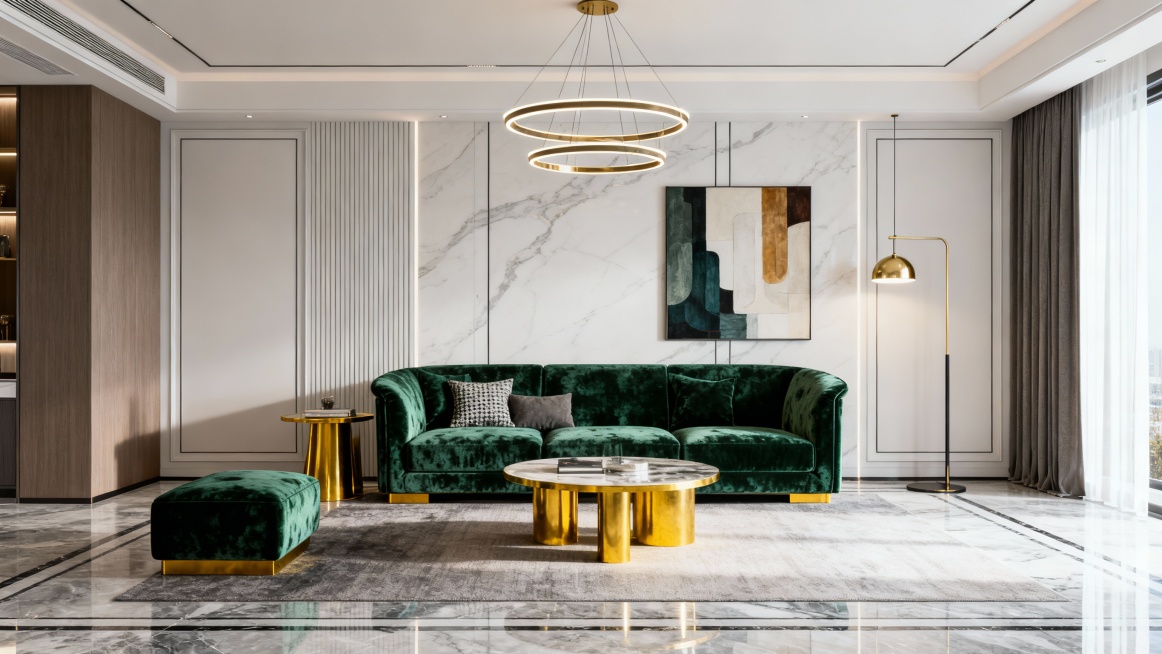 现代轻奢风格客厅室内设计。墨绿丝绒沙发，黄铜金属茶几边几。背景墙简洁线条或大理石纹理。设计感吊灯落地灯。点缀抽象艺术画。中性色为主，材质体现奢华感(丝绒/金属/大理石)。光线明亮，空间感强，氛围优雅精预览效果