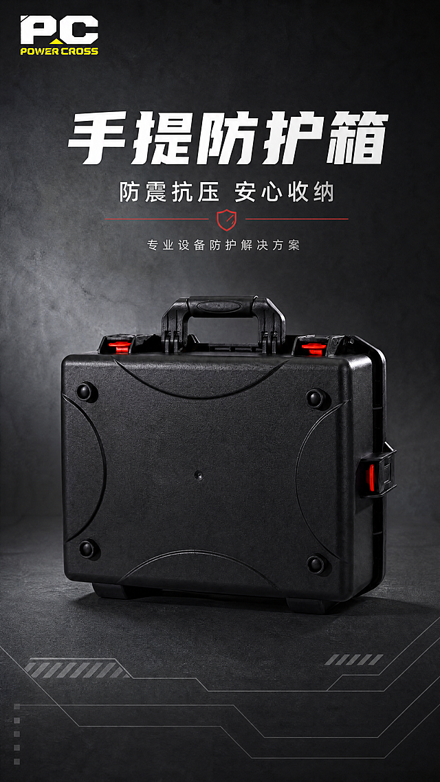 [商品] 使用【图4】手提防护箱正面全景图；保留黑色硬壳箱体、双红色按压锁扣、居中黑色提手、底部四角脚垫、箱体表面弧形纹理、PC POWER CROSS品牌Logo，产品外观结构比例颜色材质完全不变，不重新绘制产品。
[画面] 首屏海报，产品海报型。产品居中偏下放置，占画面约55%，正面微仰视角度，展现箱体厚重坚固质感。上方留白放置主标题和副标题，底部有 subtle 的工业风几何线条装饰。深灰色渐变背景，营造高级工业氛围。
[视觉] 套系策略：风格=简约工业风，干净高级商业摄影质感；标题字=粗黑体，硬朗有力；正文字=简洁无衬线黑体；主色=深炭黑+深灰；背景延展=深灰到炭黑渐变，带细腻颗粒质感；强调色=锁扣红（仅用于小面积高亮、图标、引线）；标题色=白色；正文色=浅灰色；组件=细线分割、工业风几何元素、简洁图标；光影=左前侧硬光，突出箱体棱角和质感，底部投影自然。
[文字] 画面上方居中主标题"手提防护箱"，副标题"防震抗压 安心收纳"，下方一行小字补充"专业设备防护解决方案"。文字横向排版，层级清晰，不遮挡产品主体。
[规格] 图片比例9:16竖版，4K，避免产品拉伸变形、颜色改变、结构失真、文字竖排、花哨装饰、多余元素。